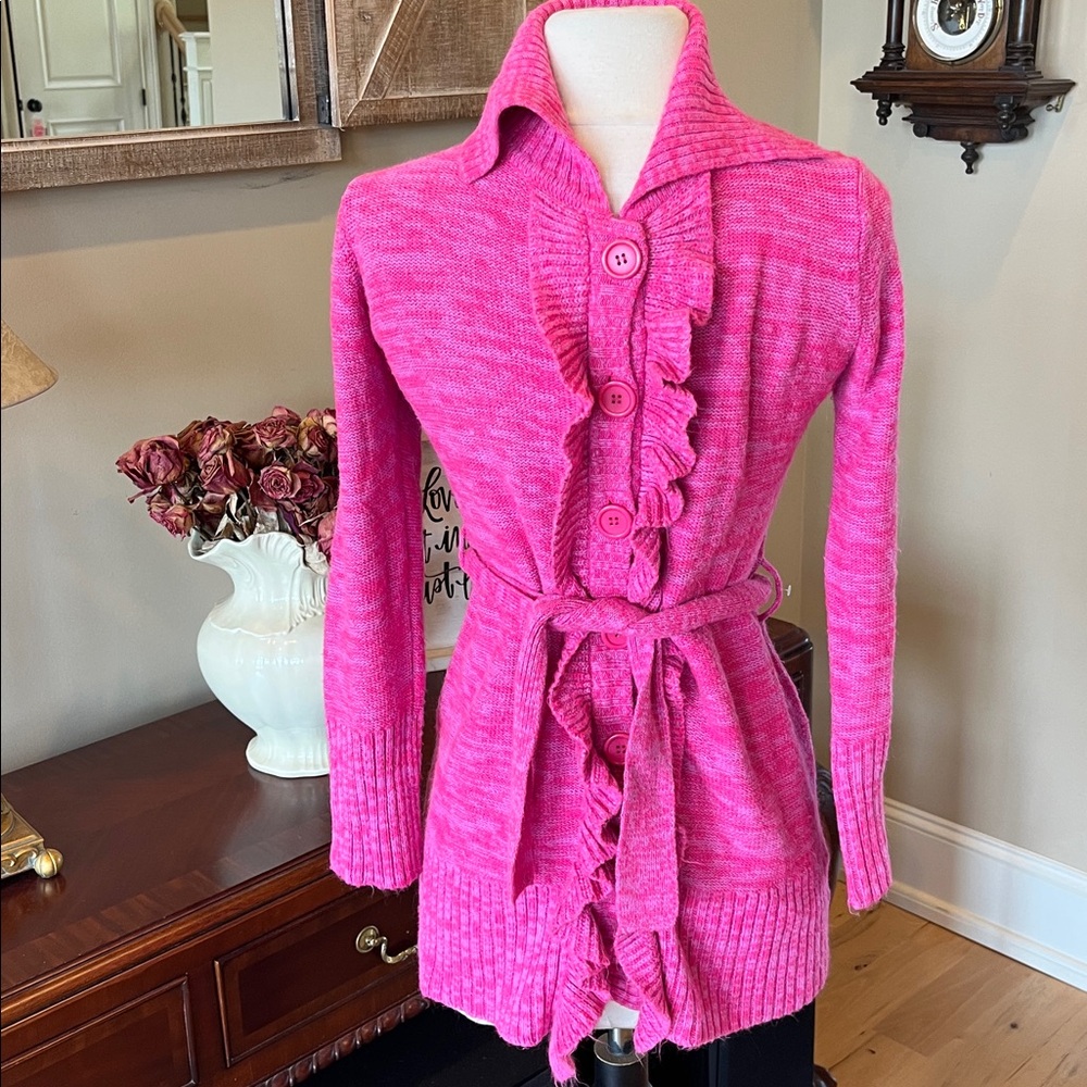 Bright Heather Pink Belted Cardigan Ruffled Down Center